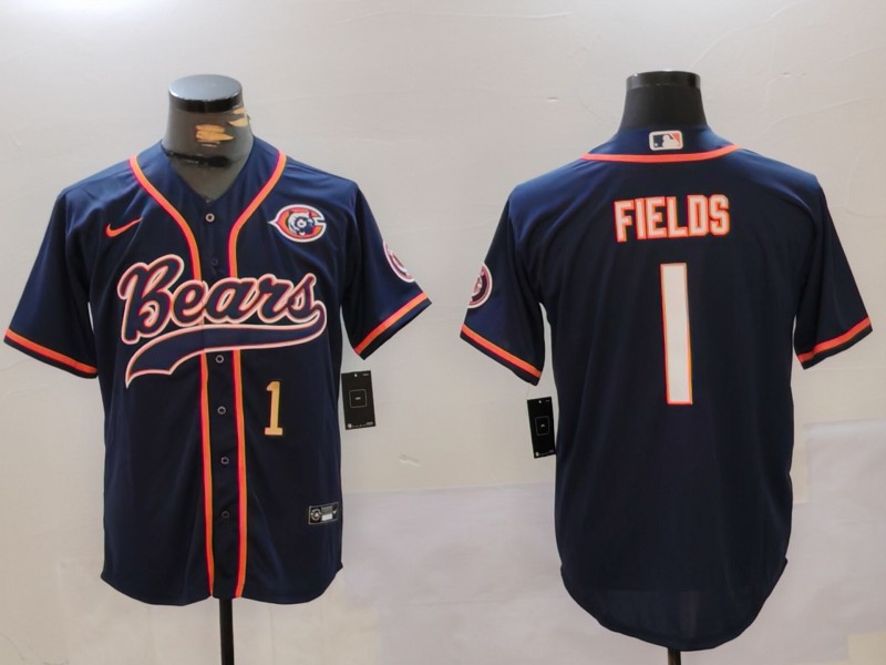 Men's Chicago Bears #1 Justin Fields Navy Throwback With Patch Cool Base Stitched Baseball Jerseys