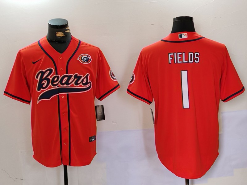 Men's Chicago Bears #1 Justin Fields Orange Throwback With Patch Cool Base Stitched Baseball Jersey