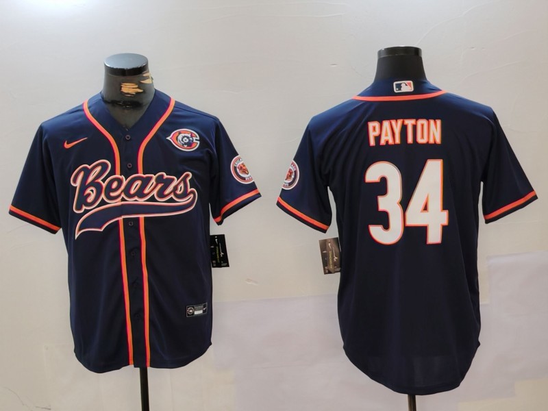 Men's Chicago Bears #34 Walter Payton Navy Throwback With Patch Cool Base Stitched Baseball Jersey