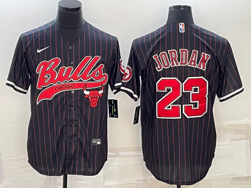 Men's Chicago Bulls #23 Michael Jordan Black Pinstripe With Patch Cool Base Stitched Baseball Jersey