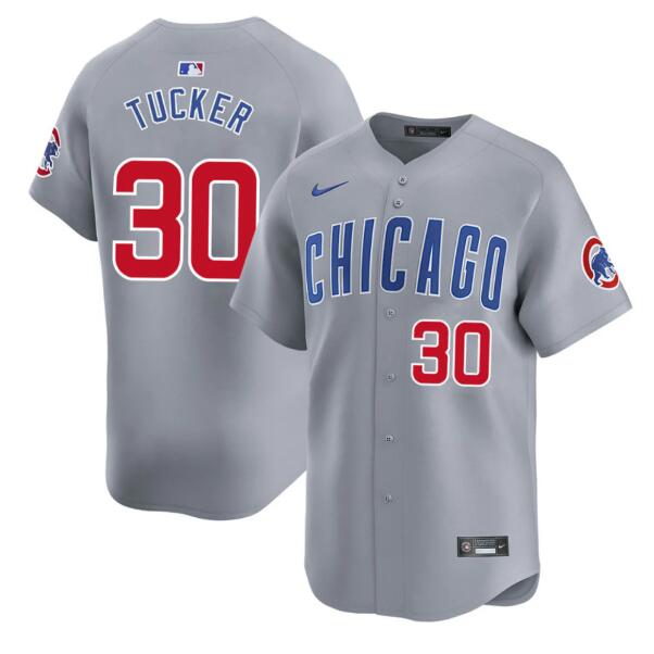 Men's Chicago Cubs #30 Kyle Tucker Front Number Nike Gray Road Replica Player Jersey