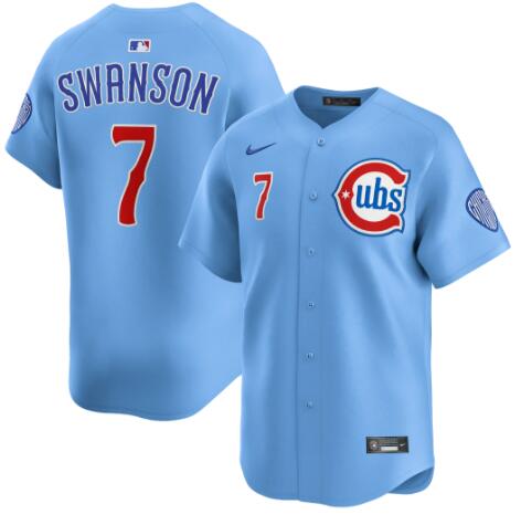 Men's Chicago Cubs #7 Dansby Swanson Blues Alternate Limited Baby Blue city Jersey by Nike