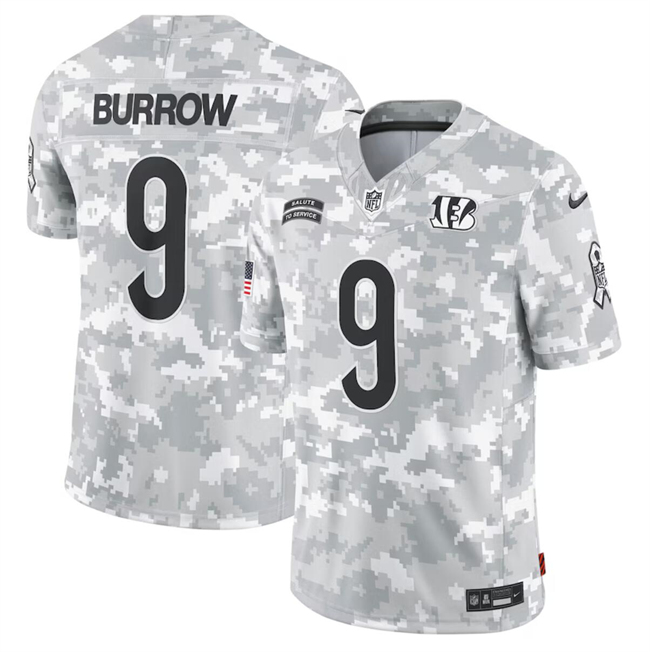 Men's Cincinnati Bengals #9 Joe Burrow 2024 Arctic Camo Salute To Service Limited Stitched Football Jersey