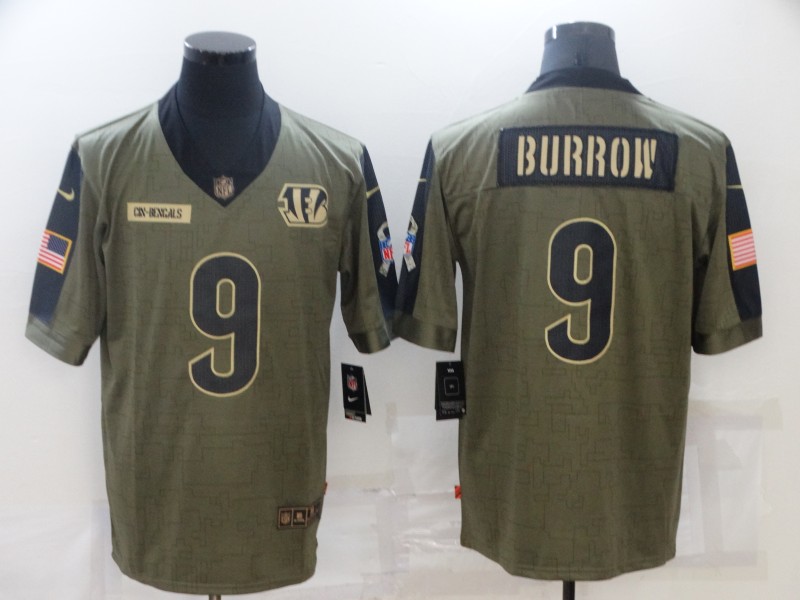 Men's Cincinnati Bengals #9 Joe Burrow Nike Olive 2021 Salute To Service Limited Player  Jersey