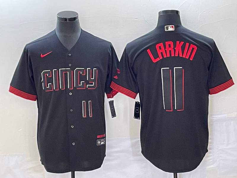 Men's Cincinnati Reds #11 Barry Larkin Number Black 2023 City Connect Cool Base Stitched Jersey1