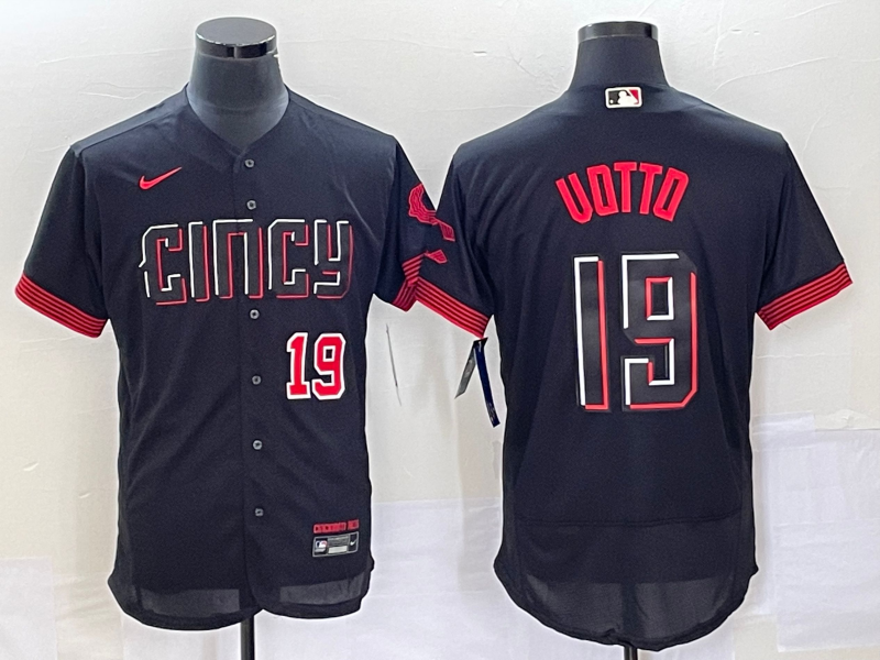 Men's Cincinnati Reds #19 Joey Votto Number Black 2023 City Connect Flex Base Stitched Jersey 1