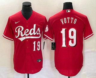 Men's Cincinnati Reds #19 Joey Votto Number Red Cool Base Stitched Baseball Jersey