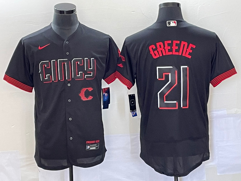 Men's Cincinnati Reds #21 Hunter Greene Black 2023 City Connect Flex Base Stitched Jersey