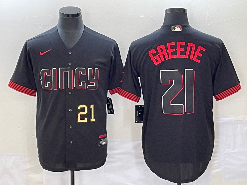 Men's Cincinnati Reds #21 Hunter Greene Number Black 2023 City Connect Cool Base Stitched Jersey