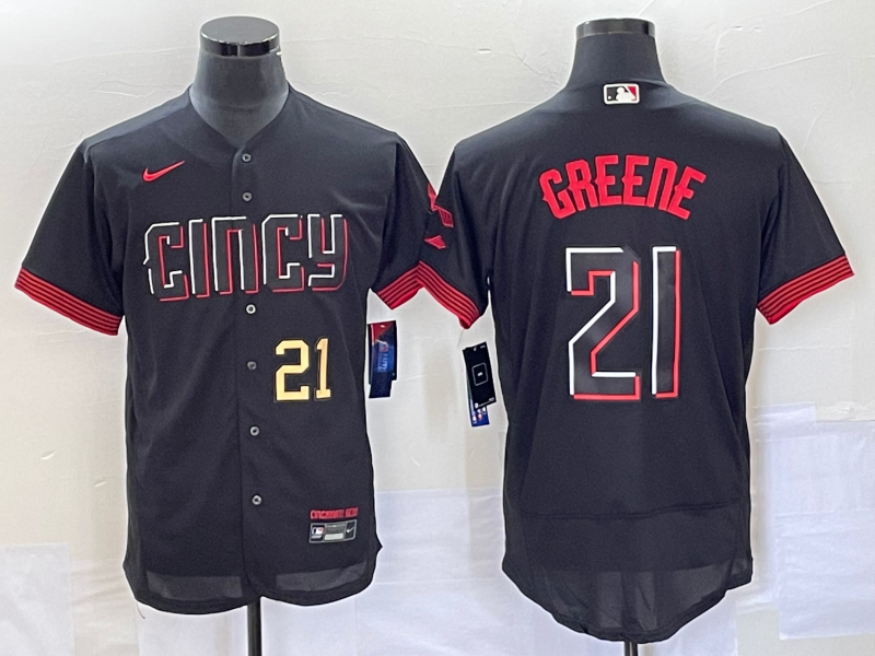 Men's Cincinnati Reds #21 Hunter Greene Number Black 2023 City Connect Flex Base Stitched Jersey 1