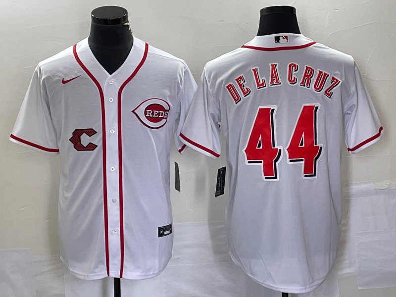 Men's Cincinnati Reds #44 Elly De La Cruz White Cool Base Stitched Baseball Jersey.