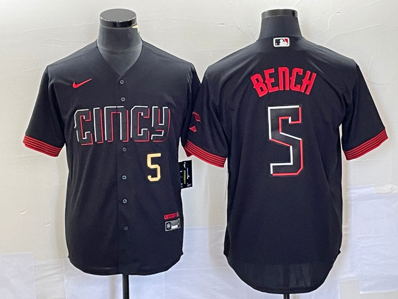 Men's Cincinnati Reds #5 Johnny Bench Number Black 2023 City Connect Cool Base Stitched Baseball Jersey