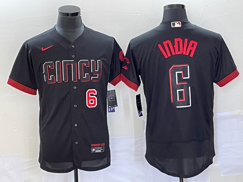 Men's Cincinnati Reds #6 Jonathan India Number Black 2023 City Connect Flex Base Stitched Jersey 1