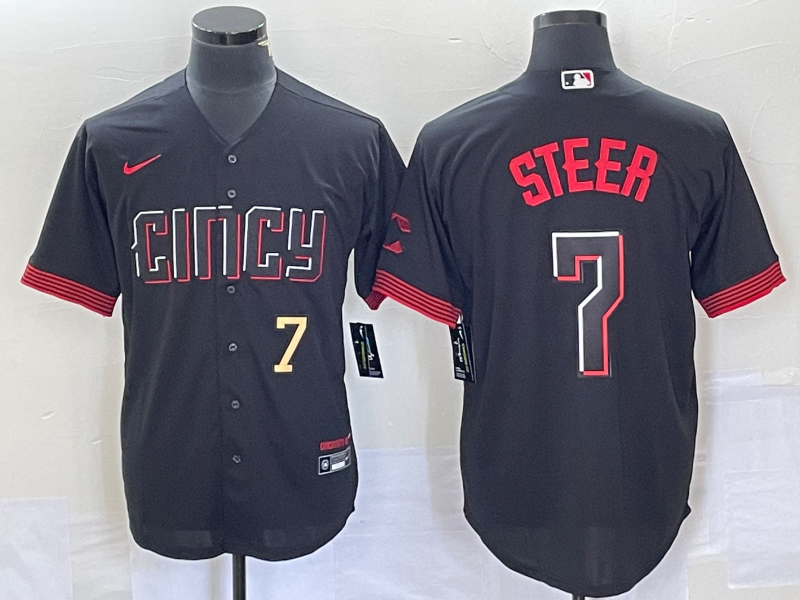 Men's Cincinnati Reds #7 Spencer Steer Numer Black 2023 City Connect Cool Base Stitched Baseball Jersey 2