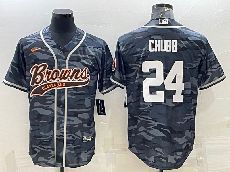 Men's Cleveland Browns #24 Nick Chubb Grey Camo With Patch Cool Base