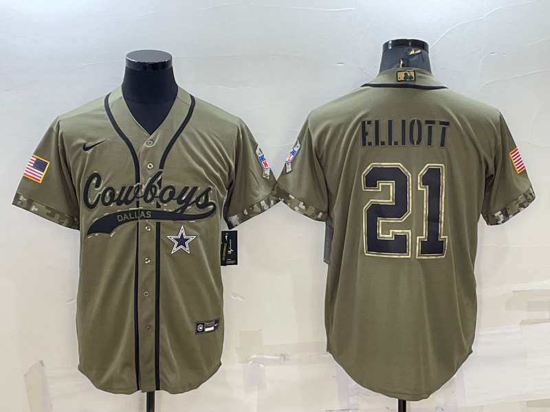 Men's Dallas Cowboys #21 Ezekiel Elliott 2022 Olive Salute to Service Cool Base Stitched Baseball Jersey