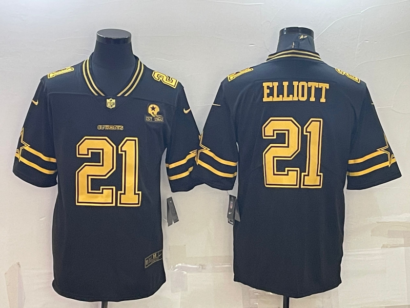 Men's Dallas Cowboys #21 Ezekiel Elliott Black Gold Edition With 1960 Patch Limited Stitched Football Jersey