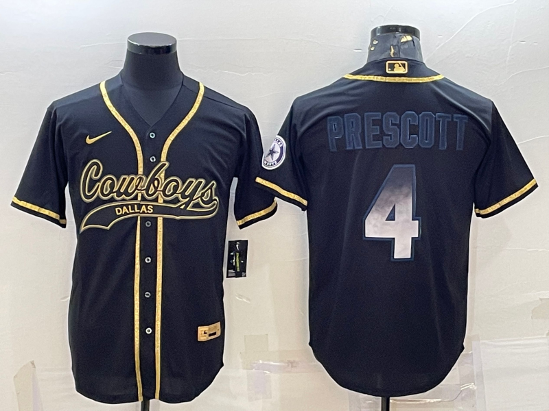 Men's Dallas Cowboys #4 Dak Prescott Black Gold With Patch Smoke Cool Base Stitched Baseball Jersey