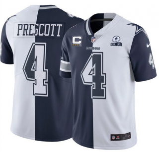 Men's Dallas Cowboys #4 Dak Prescott Split Navy White With C Patch And 1960 Patch Limited Stitched Jersey