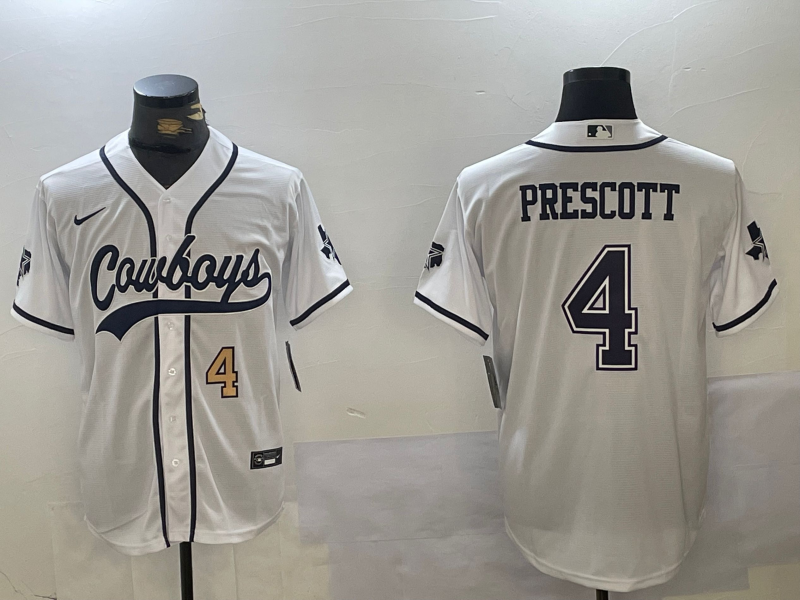 Men's Dallas Cowboys #4 Dak Prescott White With Navy Name Cool Base Stitched Baseball Jerseys