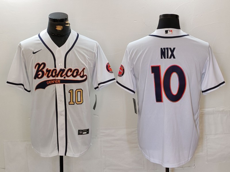 Men's Denver Broncos #10 Bo Nix Number White Cool Base Stitched Baseball Jersey