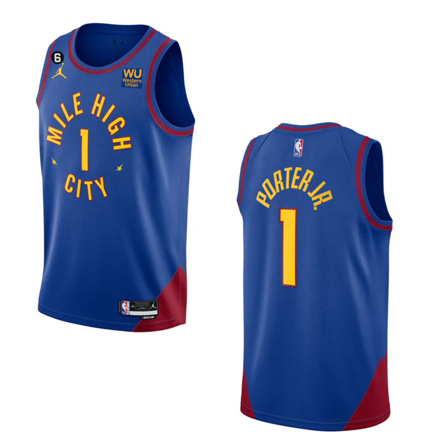 Men's Denver Nuggets #1 Michael Porter Jr. Blue 2022-23 Statement Edition With NO.6 PatchStitched Jersey