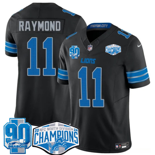 Men's Detroit Lions #11 Kalif Raymond Black 2024 NFC North Champions 90th Anniversary Patch F.U.S.E. Vapor Limited Stitched Jersey