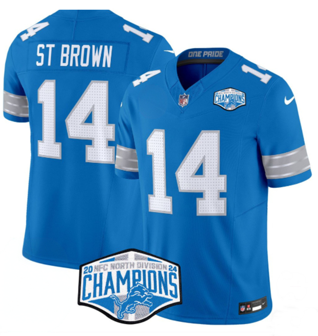 Men's Detroit Lions #14 Amon-Ra St. Brown Blue 2024 NFC North Champions F.U.S.E. Vapor Limited Stitched Jersey