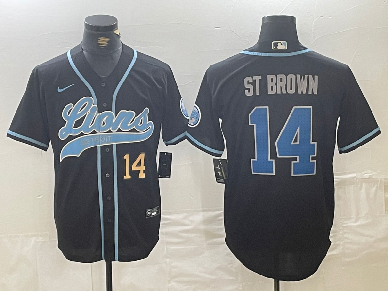 Men's Detroit Lions #14 Amon-Ra St. Brown Number Black Cool Base Stitched Baseball Jersey