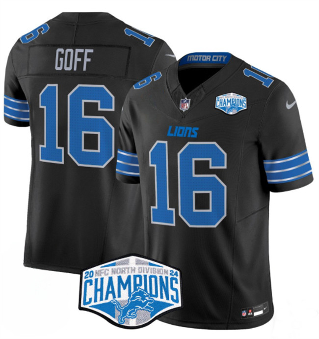 Men's Detroit Lions #16 Jared Goff Black 2024 NFC North Champions F.U.S.E. Vapor Limited Stitched Jersey