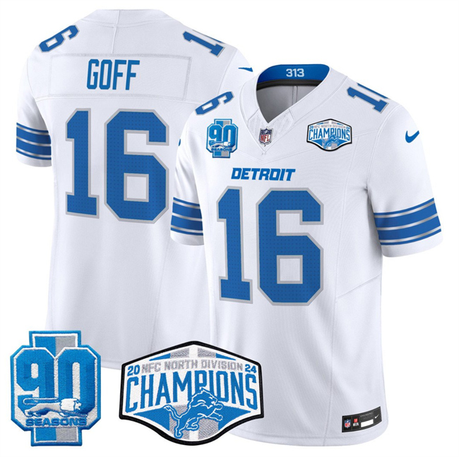 Men's Detroit Lions #16 Jared Goff White 2024 NFC North Champions 90th Anniversary Patch F.U.S.E. Vapor Limited Stitched Jersey