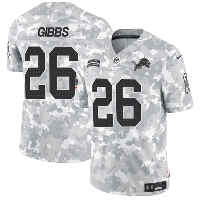 Men's Detroit Lions #26 Jahmyr Gibbs 2024 F.U.S.E Arctic Camo Salute To Service Limited Stitched Football Jersey