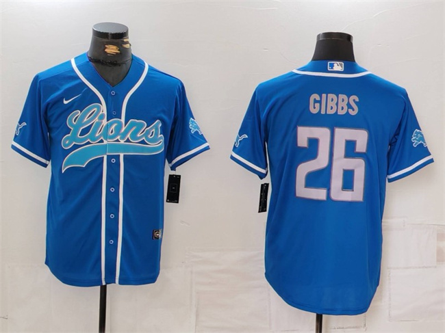 Men's Detroit Lions #26 Jahmyr Gibbs Blue Cool Base Stitched Baseball Jersey