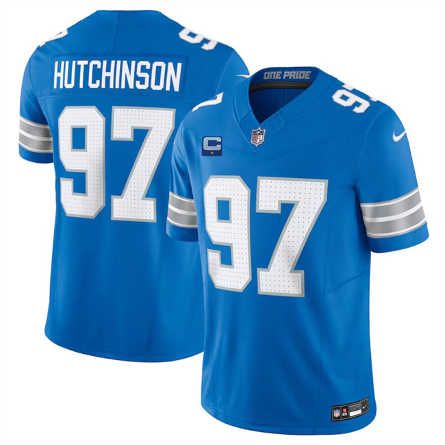 Men's Detroit Lions #97 Aidan Hutchinson Blue 2024 F.U.S.E. With 1-Star C Patch Vapor Limited Stitched Jersey