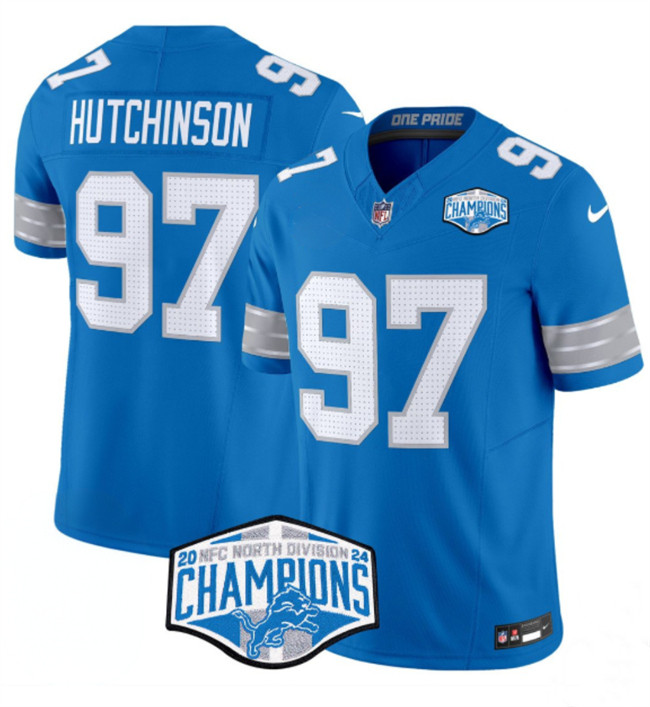 Men's Detroit Lions #97 Aidan Hutchinson Blue 2024 NFC North Champions F.U.S.E. Vapor Limited Stitched Jersey