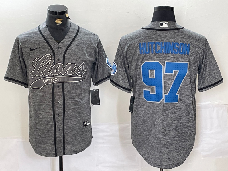 Men's Detroit Lions #97 Aidan Hutchinson Grey Gridiron With Patch Cool Base Stitched Baseball Jersey