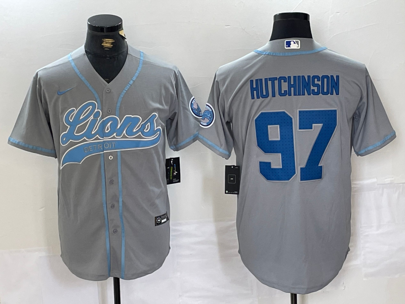 Men's Detroit Lions #97 Aidan Hutchinson Grey With Patch Cool Base Stitched Baseball Jersey