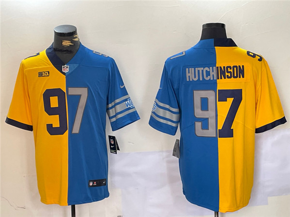 Men's Detroit Lions #97 Aidan Hutchinson Yellow Blue Split Vapor Limited Stitched Jersey1