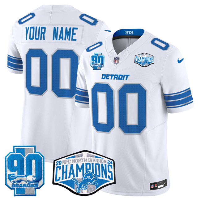 Men's Detroit Lions Active Player Custom White 2024 NFC North Champions 90th Anniversary Patch F.U.S.E. Vapor Limited Stitched Jersey