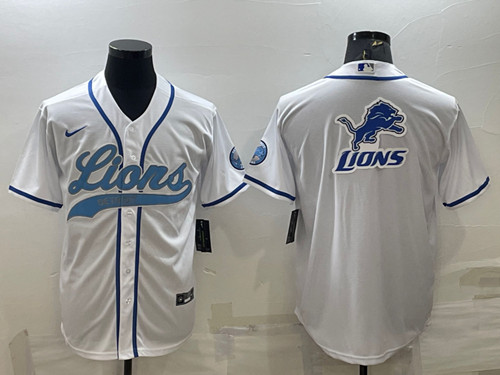 Men's Detroit Lions White Team Big Logo With Patch Cool Base Stitched Baseball Jersey