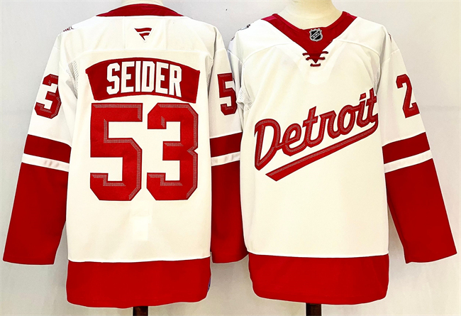 Men's Detroit Red Wings #53 Moritz Seider White Red 2024-25 Stitched Jersey