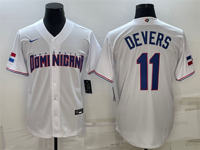 Men's Dominican Republic Baseball #11 Rafael Devers 2023 White World Baseball Classic Replica Stitched Jersey