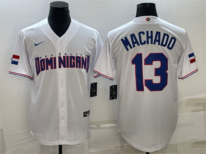 Men's Dominican Republic Baseball #13 Manny Machado 2023 White World Baseball Classic Replica Stitched Jersey