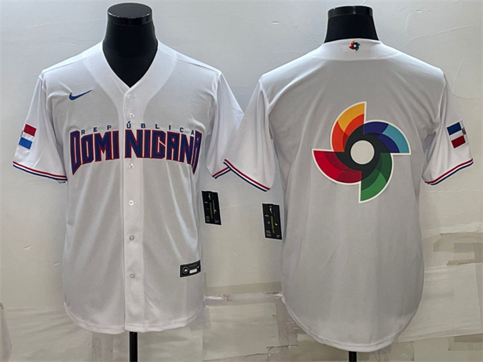 Men's Dominican Republic Baseball 2023 White World Baseball Big Logo Classic Replica Stitched Jersey