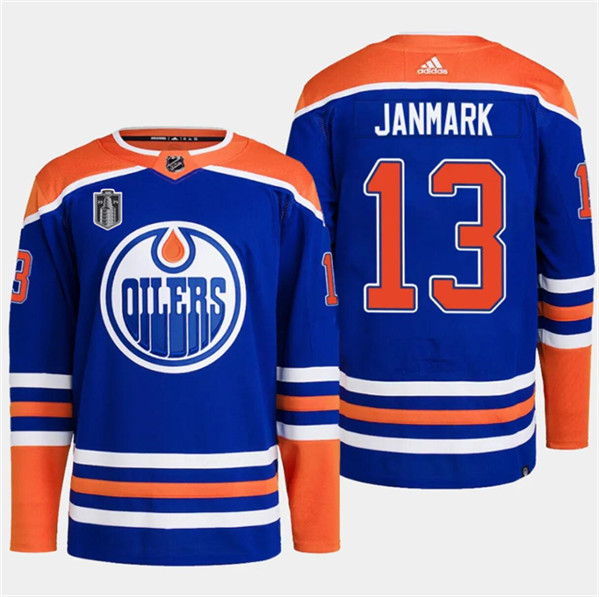 Men's Edmonton Oilers #13 Mattias Janmark Royal 2024 Stanley Cup Final Patch Stitched Jersey