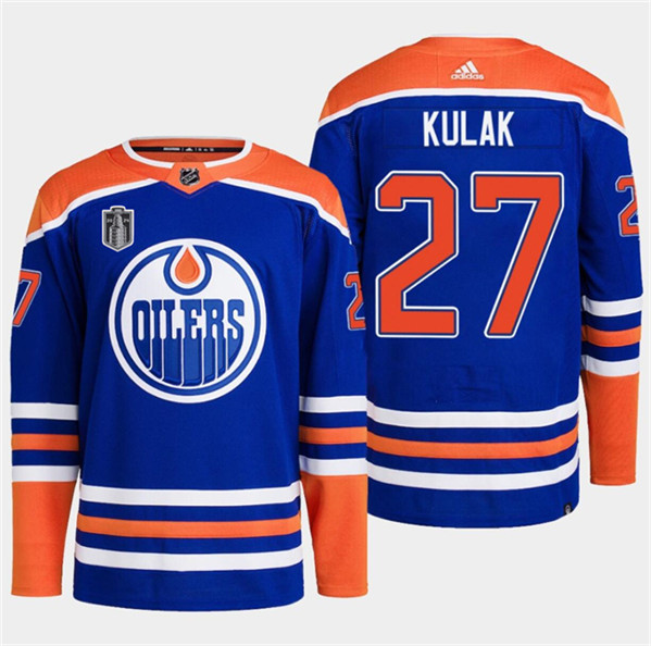 Men's Edmonton Oilers #27 Brett Kulak Royal 2024 Stanley Cup Final Patch Stitched Jersey