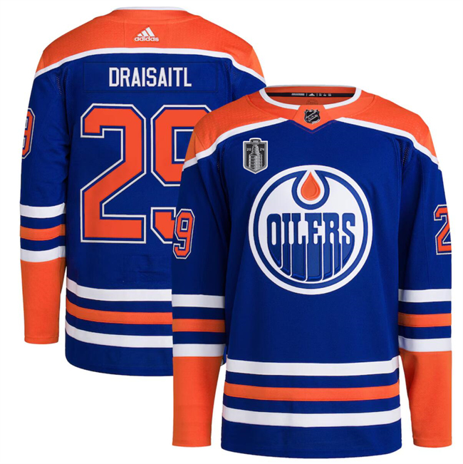 Men's Edmonton Oilers #29 Leon Draisaitl Royal 2024 Stanley Cup Final Patch Stitched Jersey