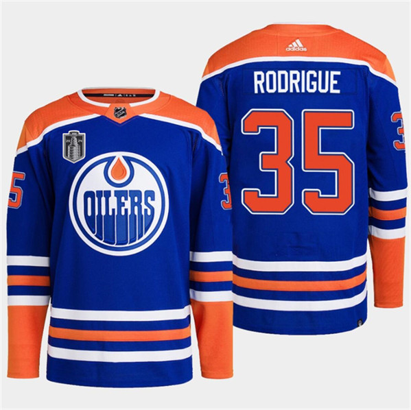 Men's Edmonton Oilers #35 Olivier Rodrigue Royal 2024 Stanley Cup Final Patch Stitched Jersey