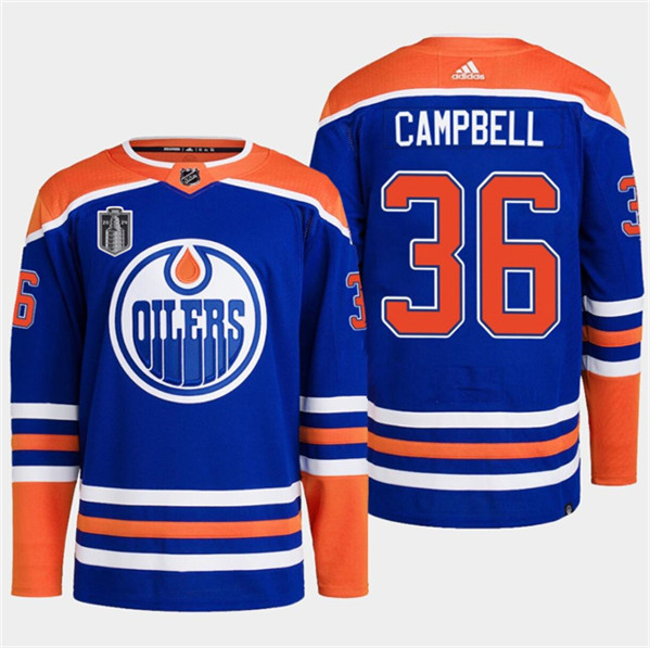 Men's Edmonton Oilers #36 Jack Campbell Royal 2024 Stanley Cup Final Patch Stitched Jersey