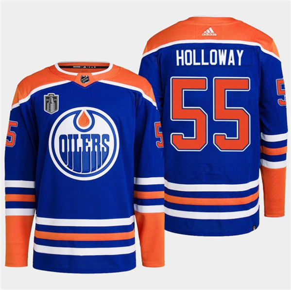 Men's Edmonton Oilers #55 Dylan Holloway Royal 2024 Stanley Cup Final Patch Stitched Jersey